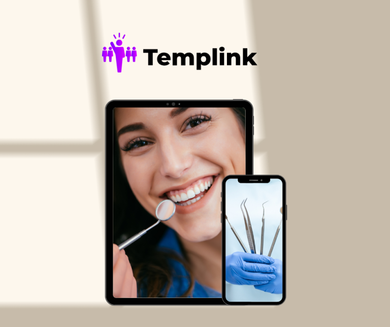 Templink logo with tablet showing a smiling dental patient and smartphone showing dental tools — app connecting dental professionals with dental offices